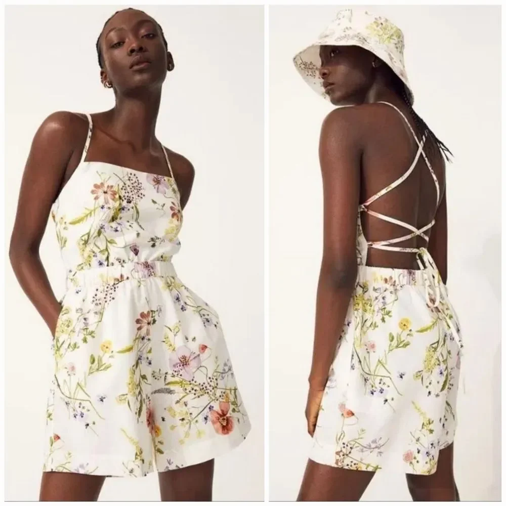 NWT H&M Linen Collection Wildflower Meadow Lace Back Square Neck Floral Romper S